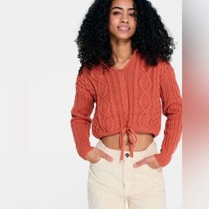 Aeropostale Cropped Cable Knit V-Neck Hooded Sweater With Drawstring Waist